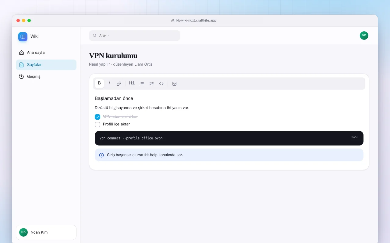 Ekip Wikisi (Nuxt): VPN kurulumu ekranı