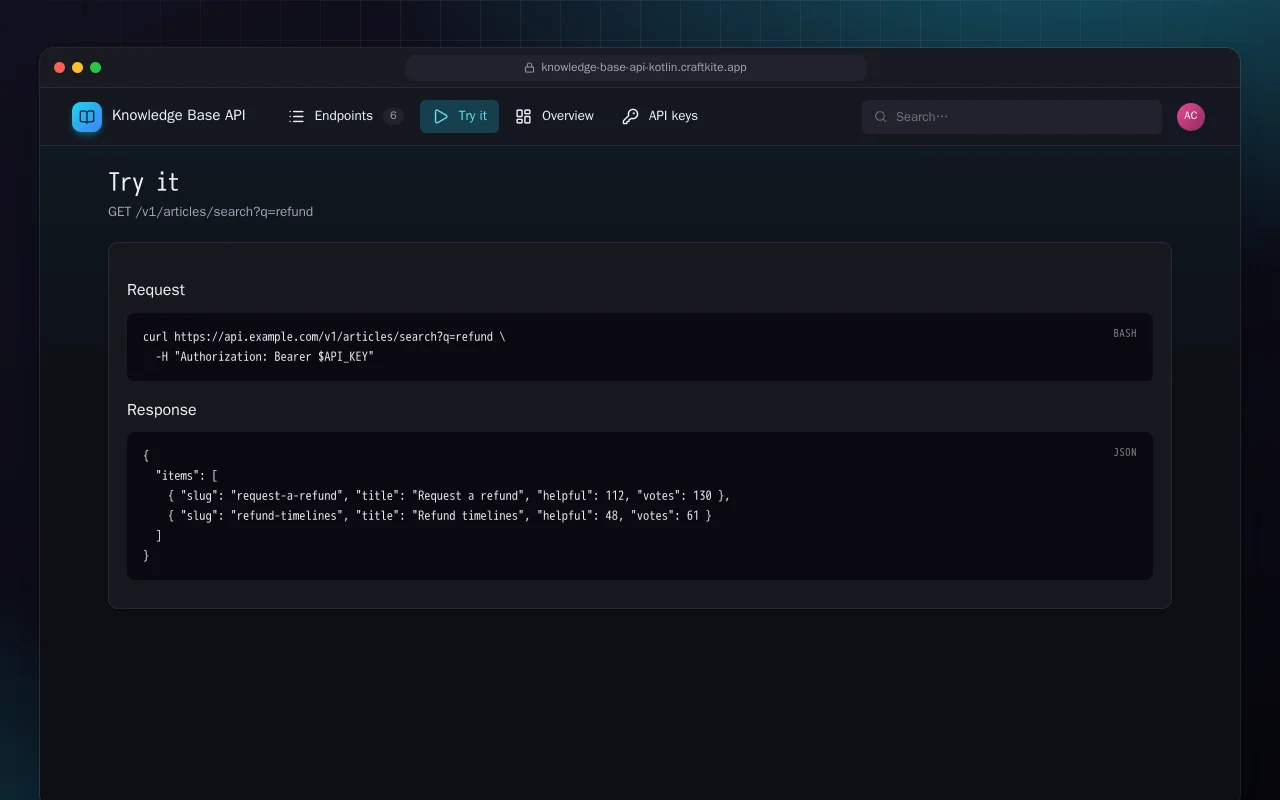 Knowledge Base API (Kotlin + Spring Boot): the Try it screen