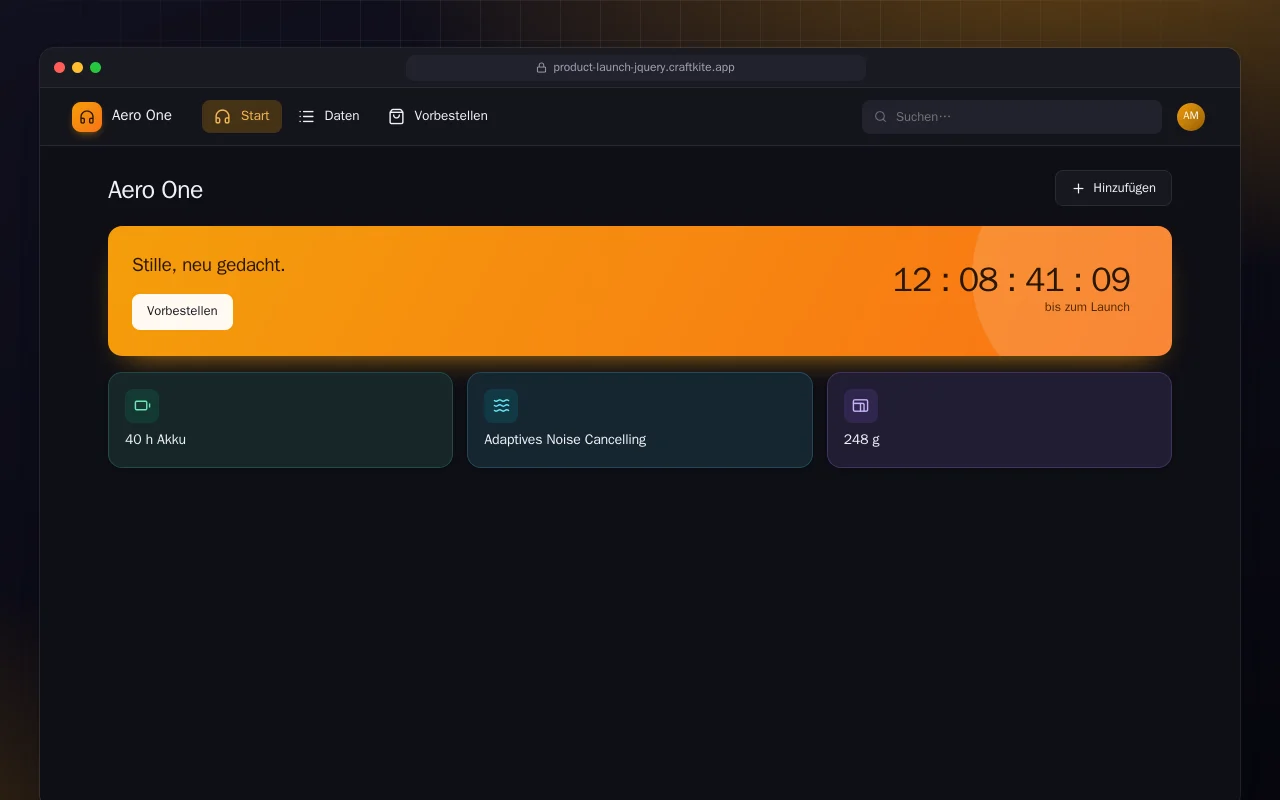 Produktlaunch-Seite (HTML): der Bildschirm „Aero One“
