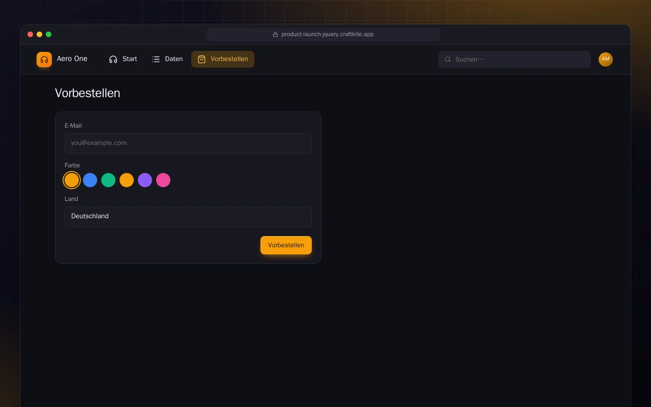 Produktlaunch-Seite (HTML): der Bildschirm „Vorbestellen“