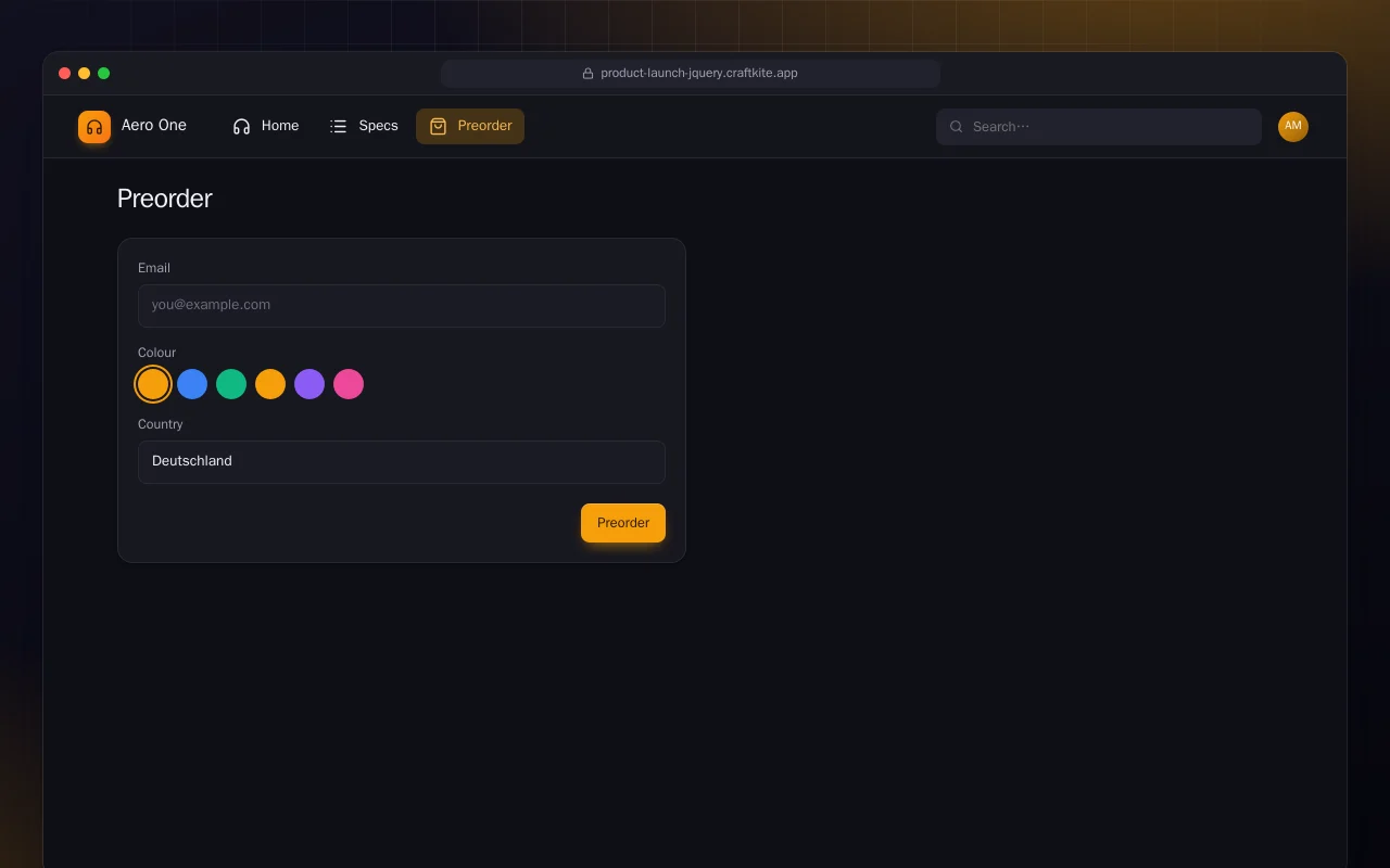 Product Launch Page (HTML): the Preorder screen