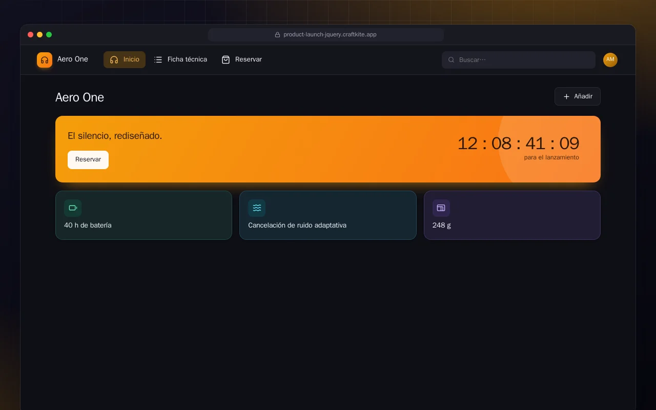Página de lanzamiento (HTML): la pantalla Aero One