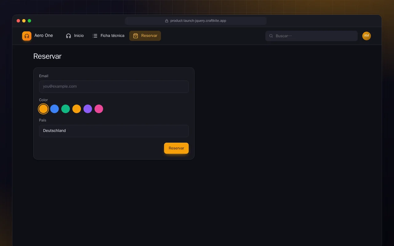 Página de lanzamiento (HTML): la pantalla Reservar