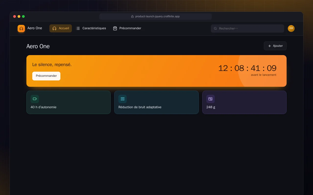 Page de lancement (HTML) : l’écran Aero One