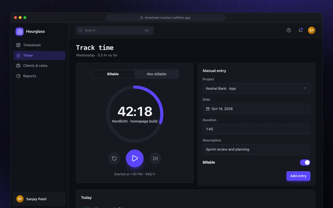 Timesheet tracker: the Track time screen