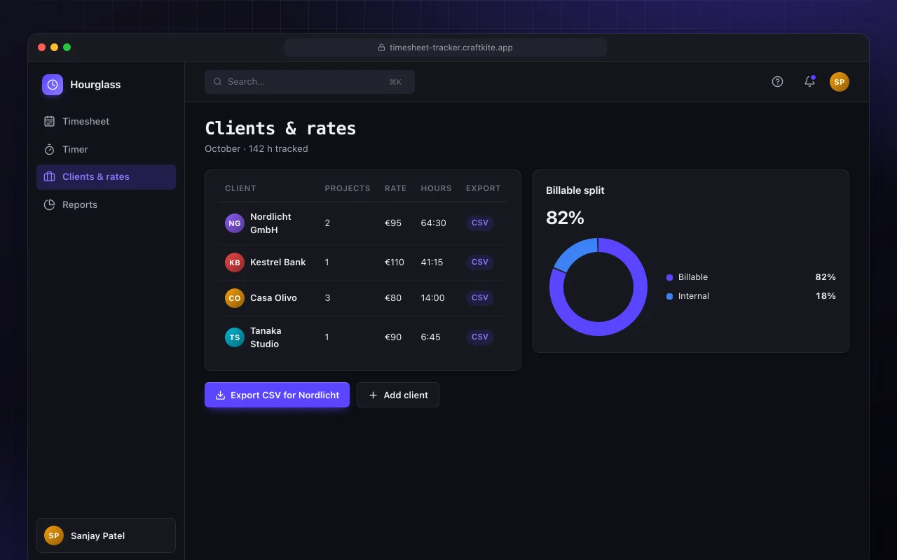 Timesheet tracker: the Clients & rates screen