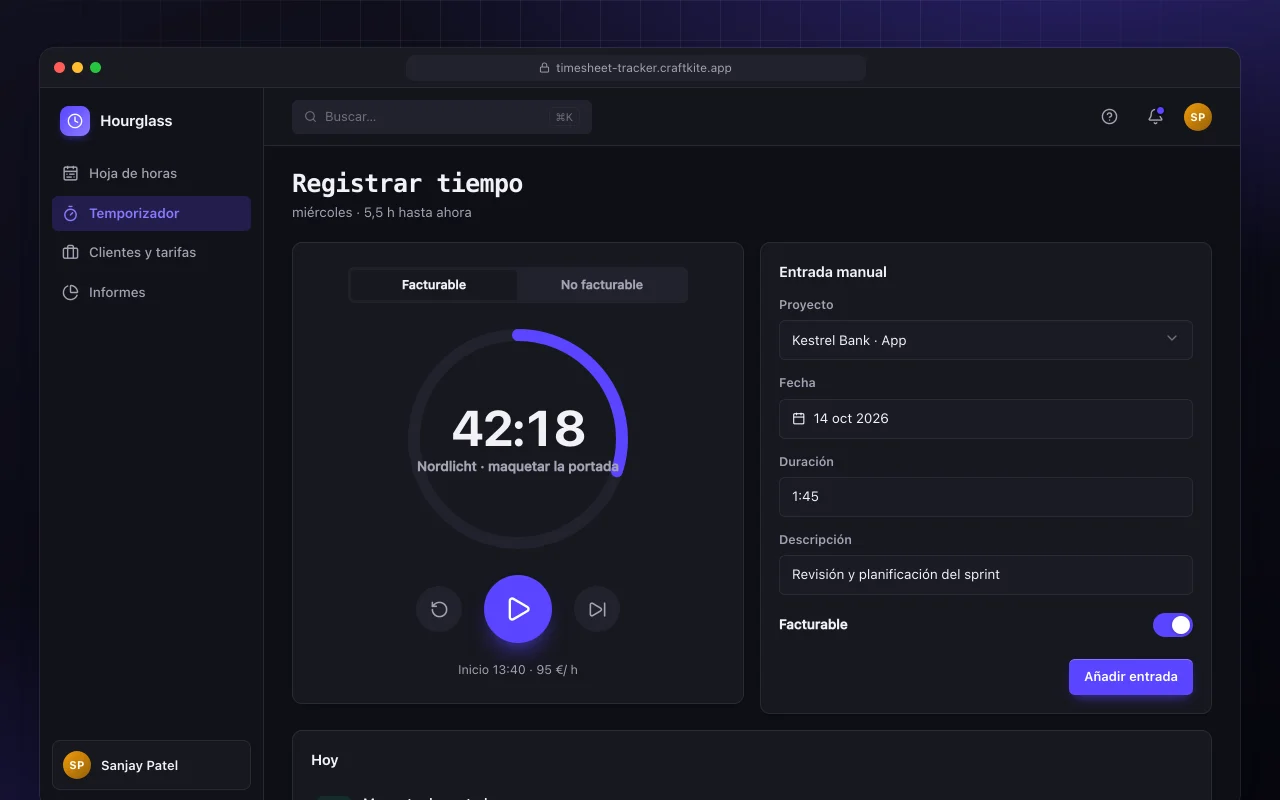 Registro de horas: la pantalla Registrar tiempo