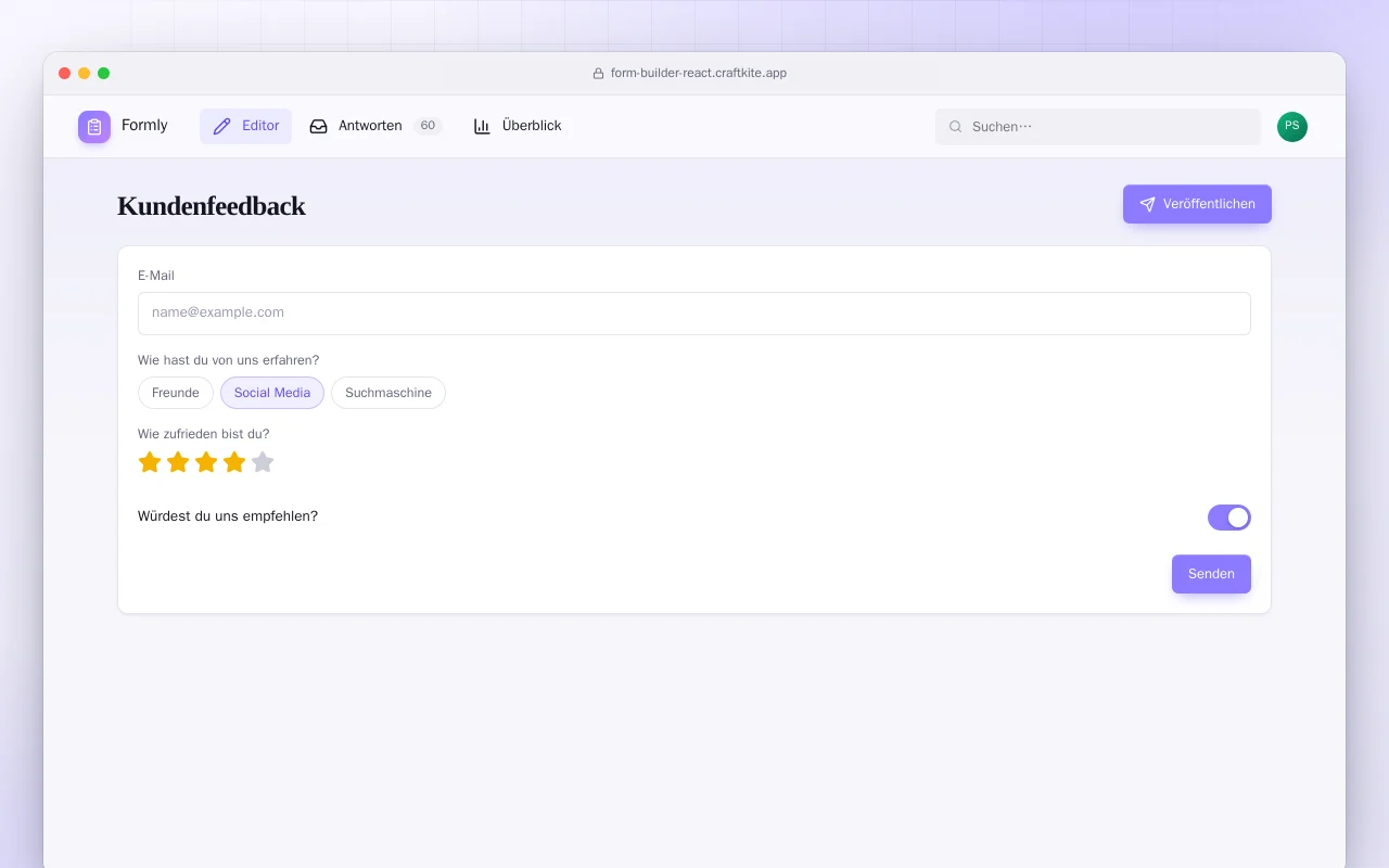 Formular-Baukasten (React): der Bildschirm „Kundenfeedback“