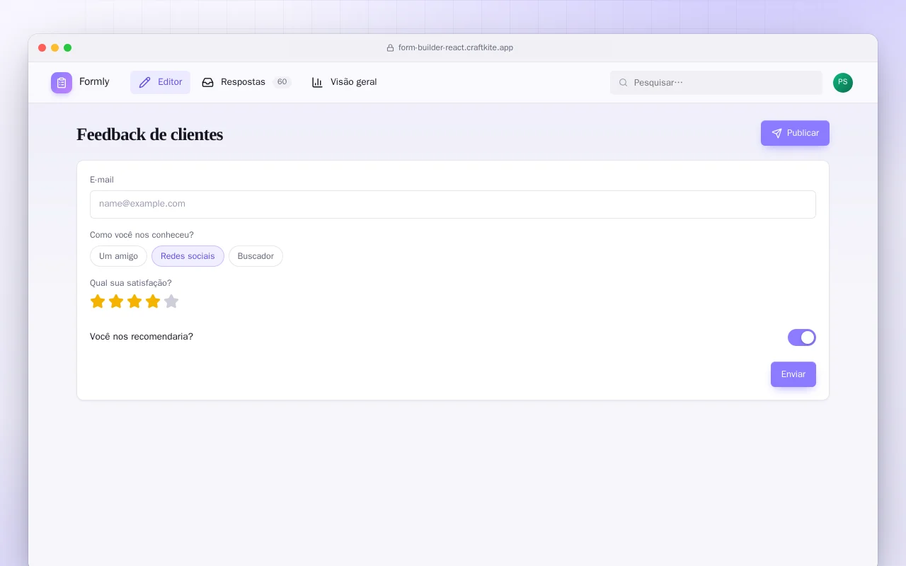 Criador de formulários (React): a tela Feedback de clientes