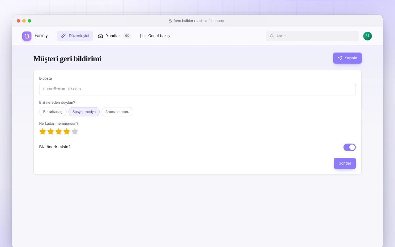 Form Oluşturucu (React): Müşteri geri bildirimi ekranı