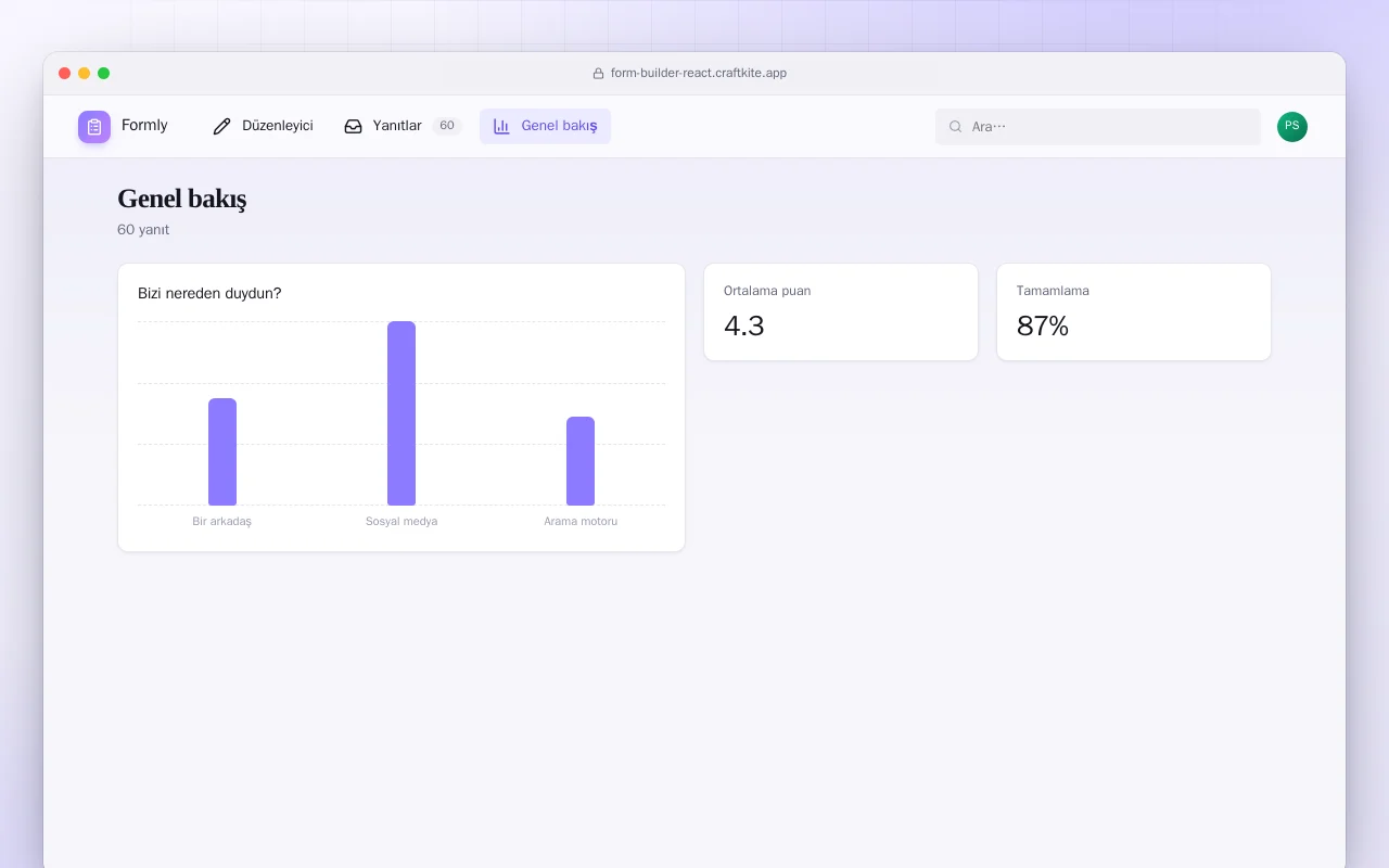 Form Oluşturucu (React): Genel bakış ekranı
