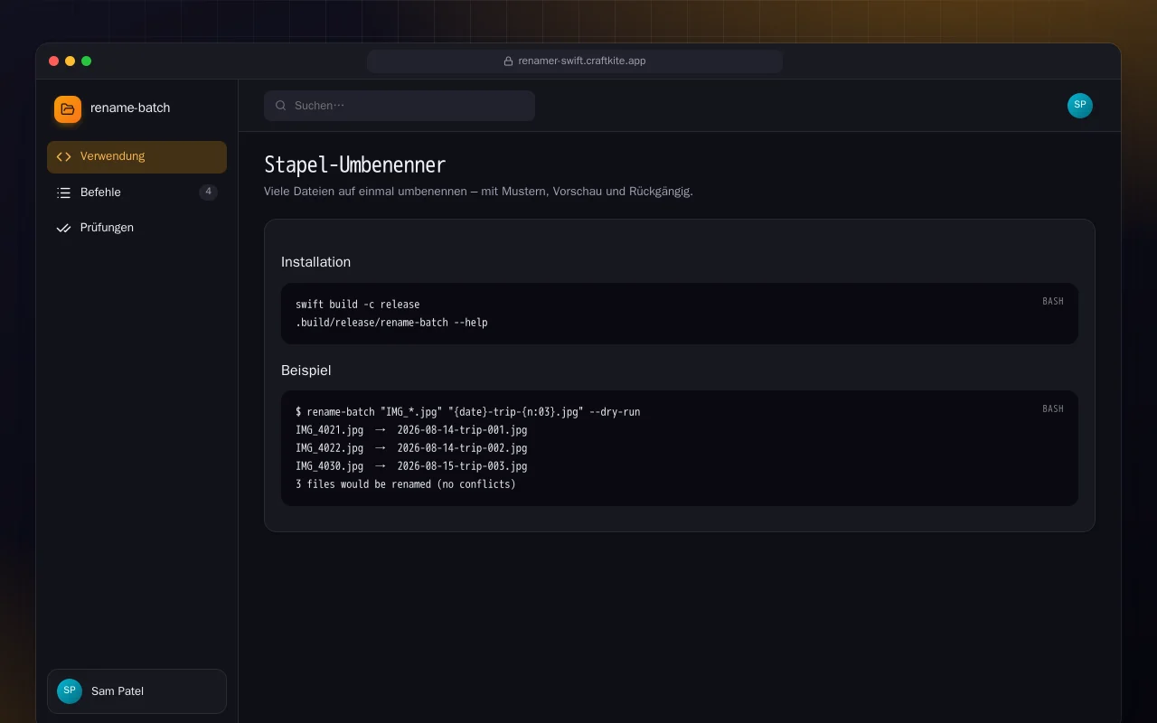 Stapel-Umbenenner (Swift): der Bildschirm „Stapel-Umbenenner“