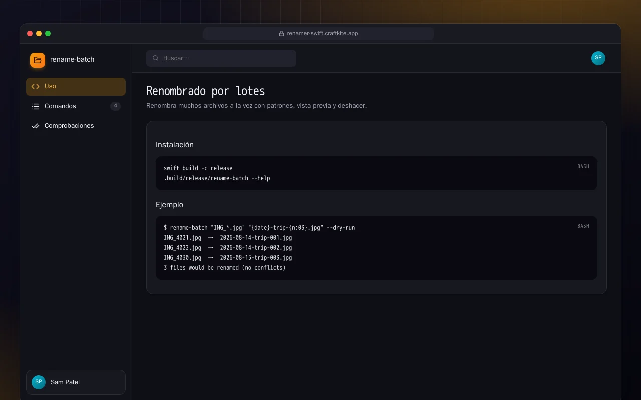 Renombrado por lotes (Swift): la pantalla Renombrado por lotes