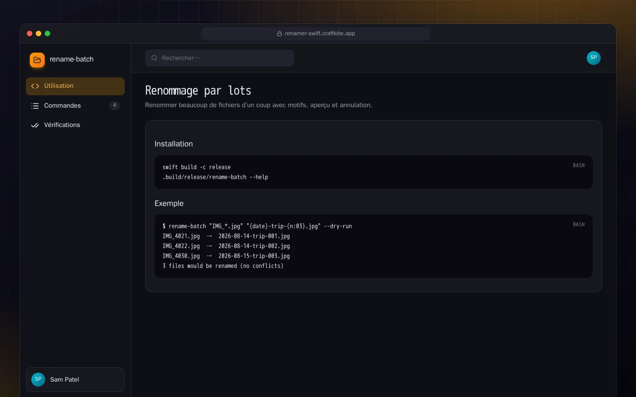 Renommage par lots (Swift) : l’écran Renommage par lots