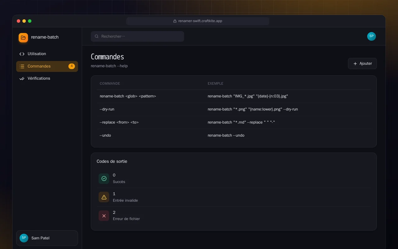 Renommage par lots (Swift) : l’écran Commandes