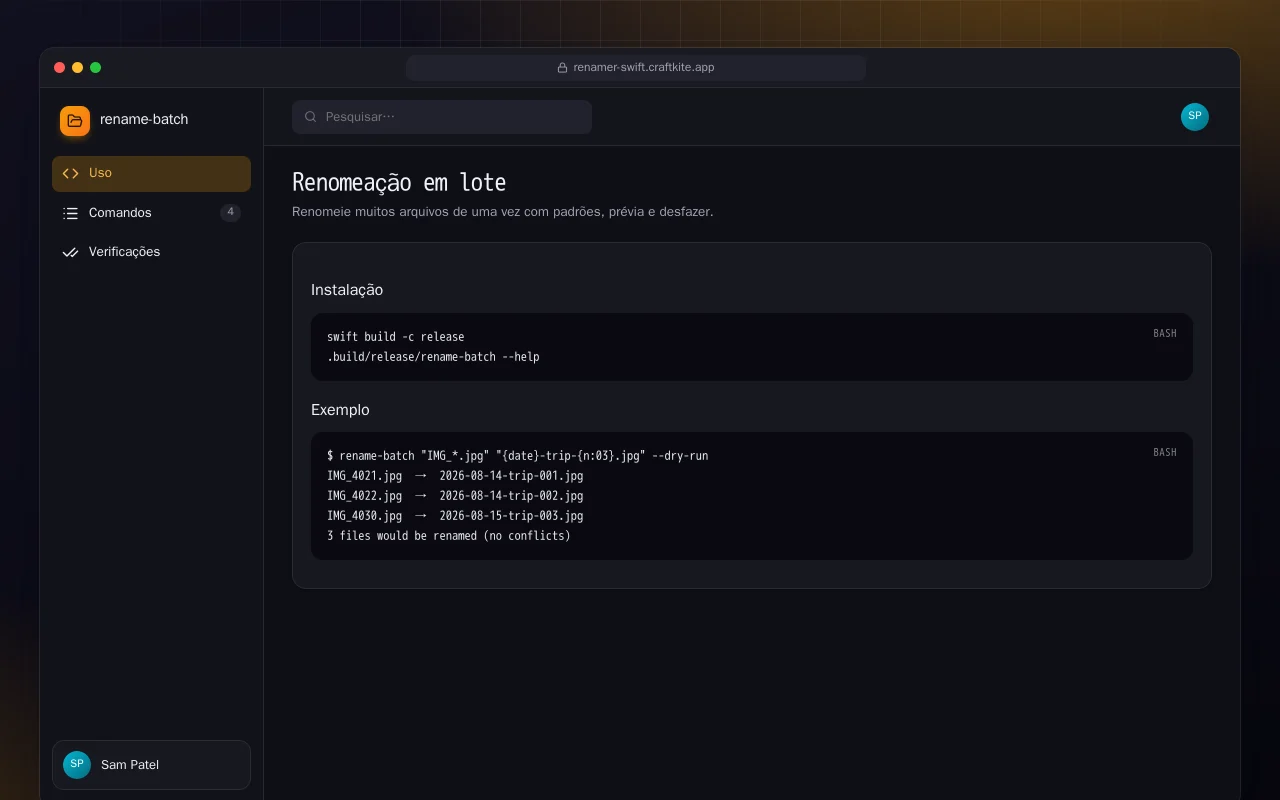 Renomeação em lote (Swift): a tela Renomeação em lote