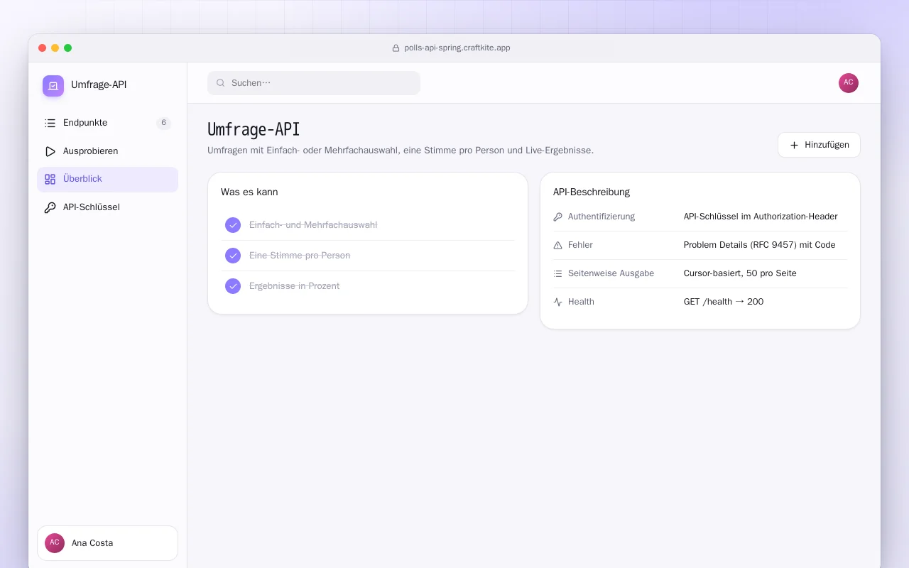 Umfrage-API (Spring Boot): der Bildschirm „Umfrage-API“