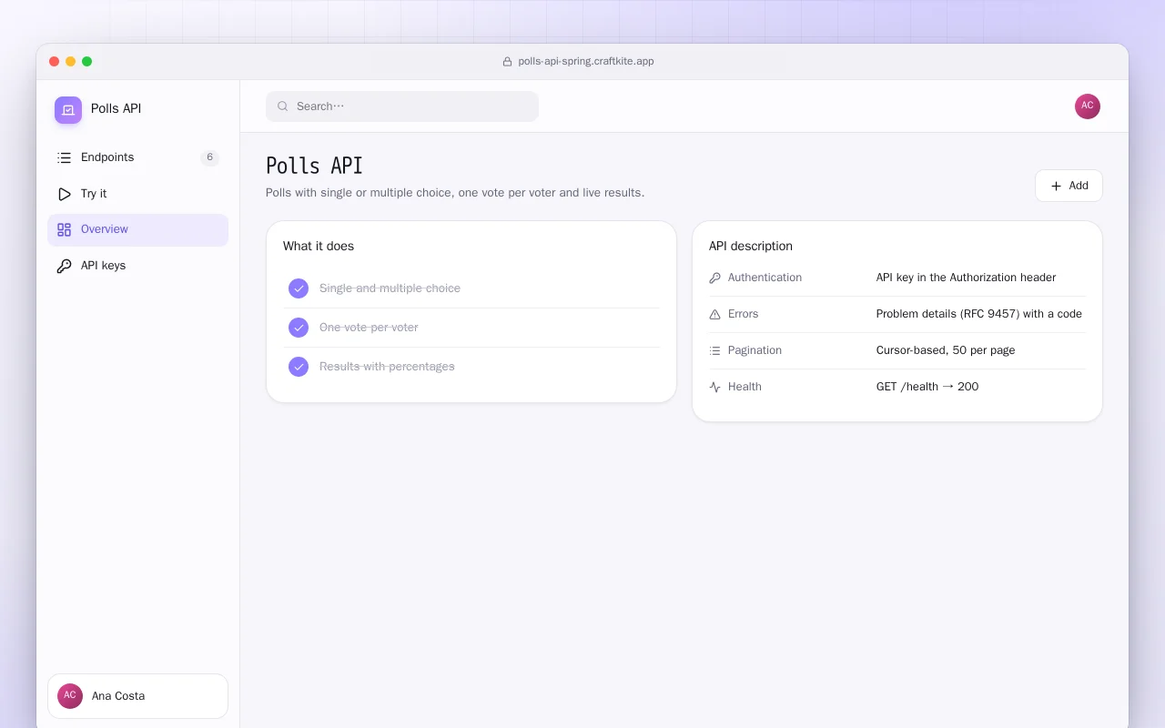 Polls API (Spring Boot): the Polls API screen