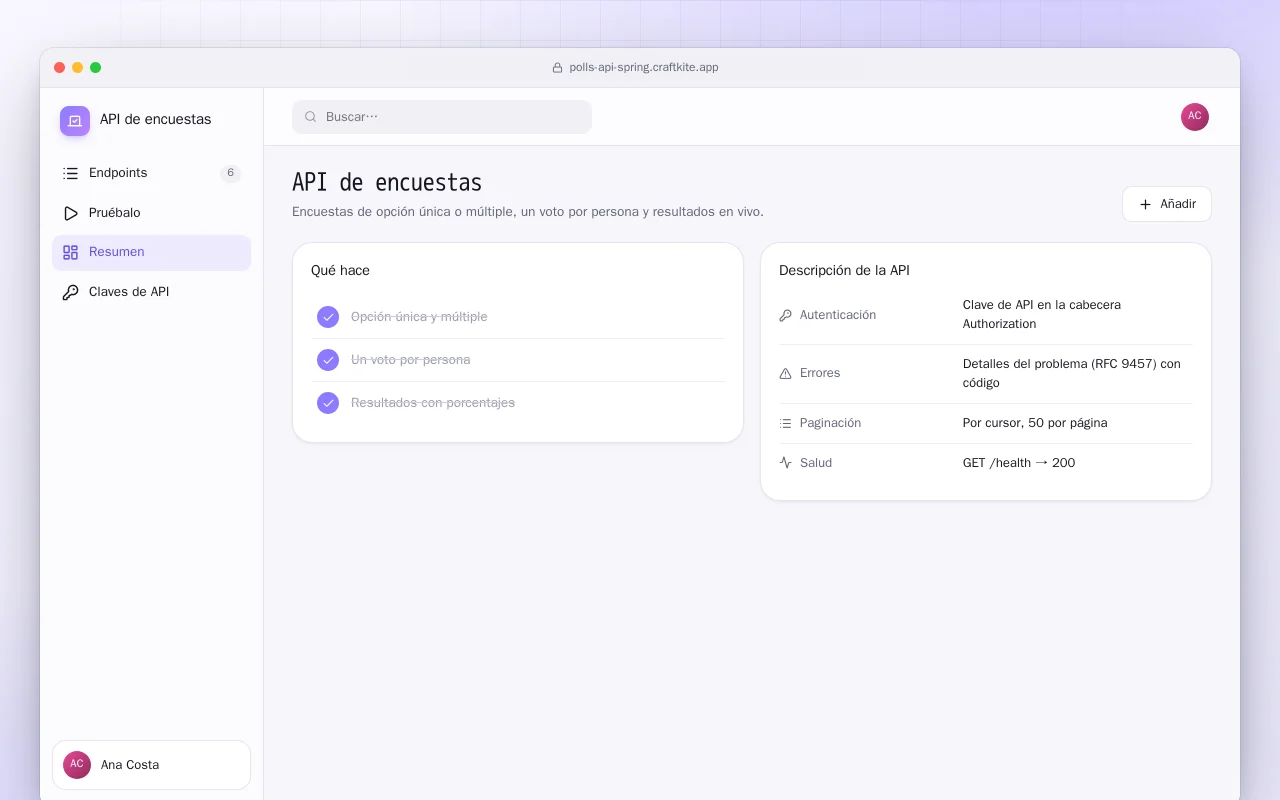 API de encuestas (Spring Boot): la pantalla API de encuestas