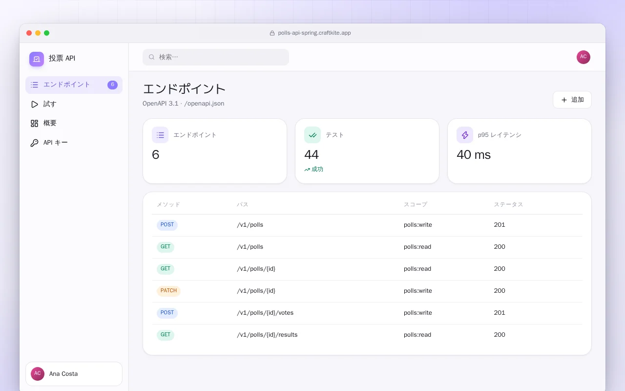 投票 API（Spring Boot）：エンドポイント画面
