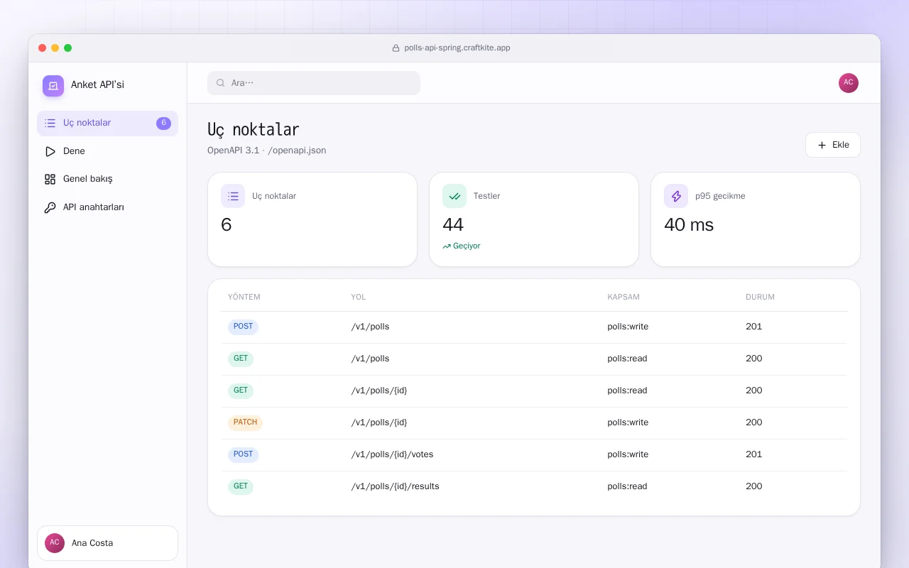 Anket API’si (Spring Boot): Uç noktalar ekranı