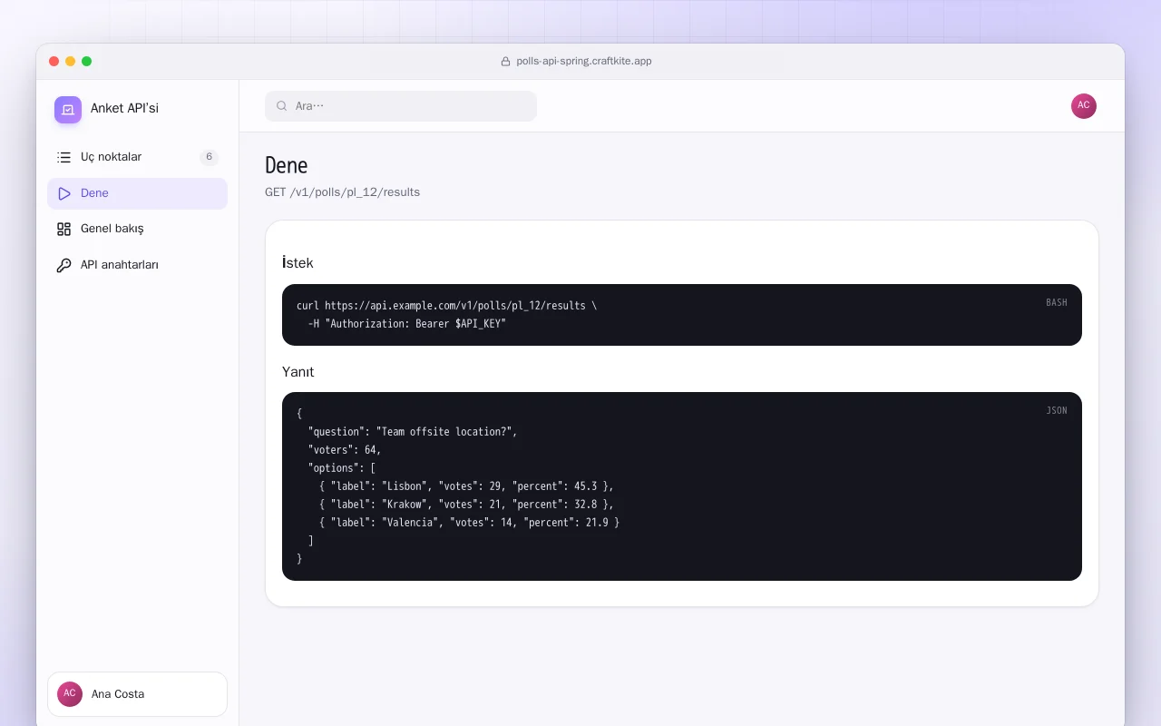 Anket API’si (Spring Boot): Dene ekranı