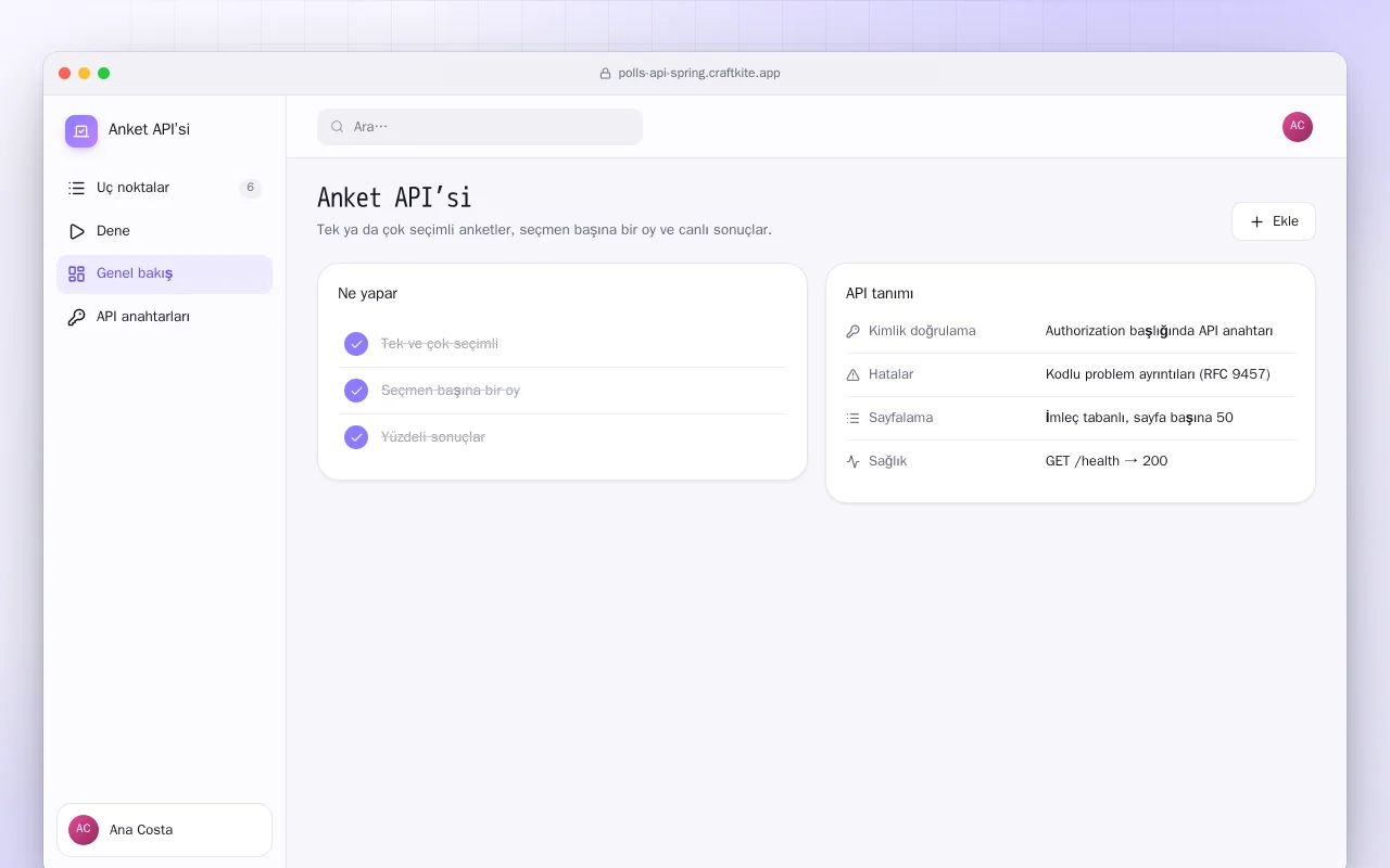 Anket API’si (Spring Boot): Anket API’si ekranı
