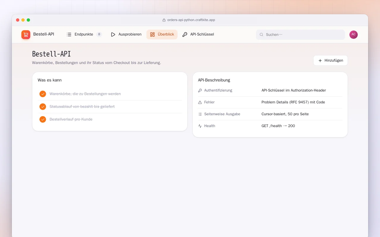 Bestell-API (Python): der Bildschirm „Bestell-API“