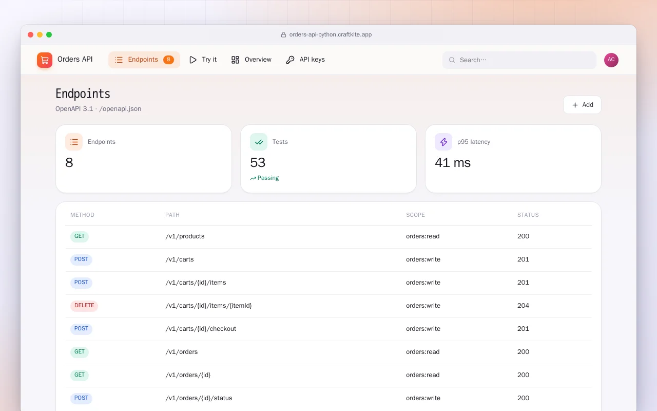 Orders API (Python): the Endpoints screen