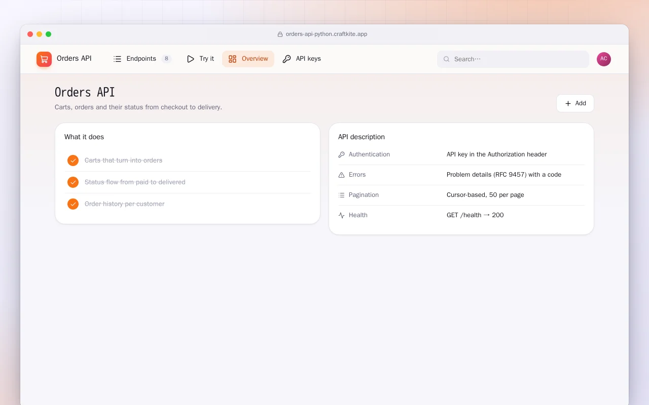 Orders API (Python): the Orders API screen