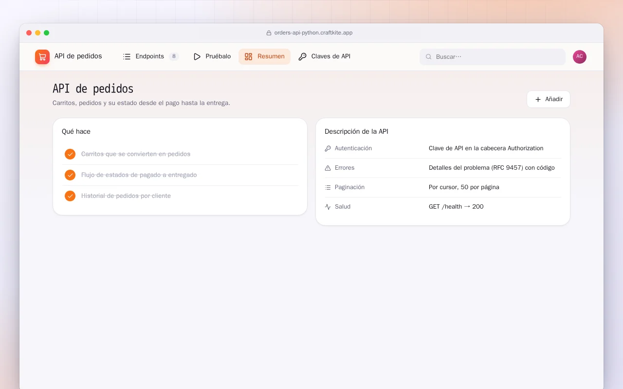 API de pedidos (Python): la pantalla API de pedidos