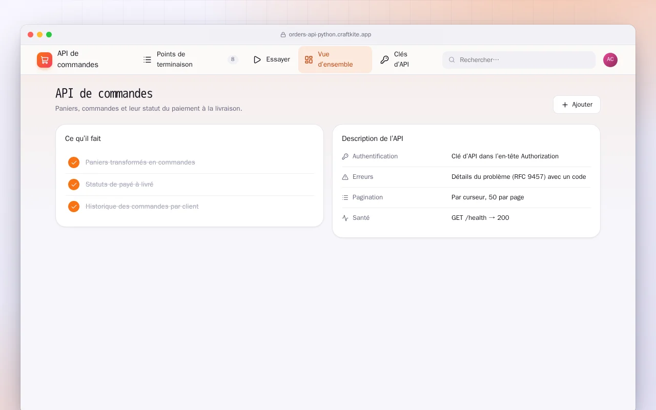 API de commandes (Python) : l’écran API de commandes