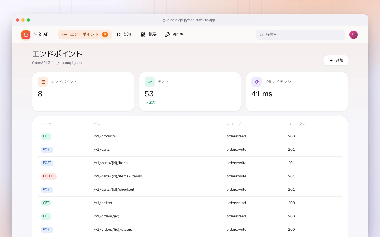 注文 API（Python）：エンドポイント画面