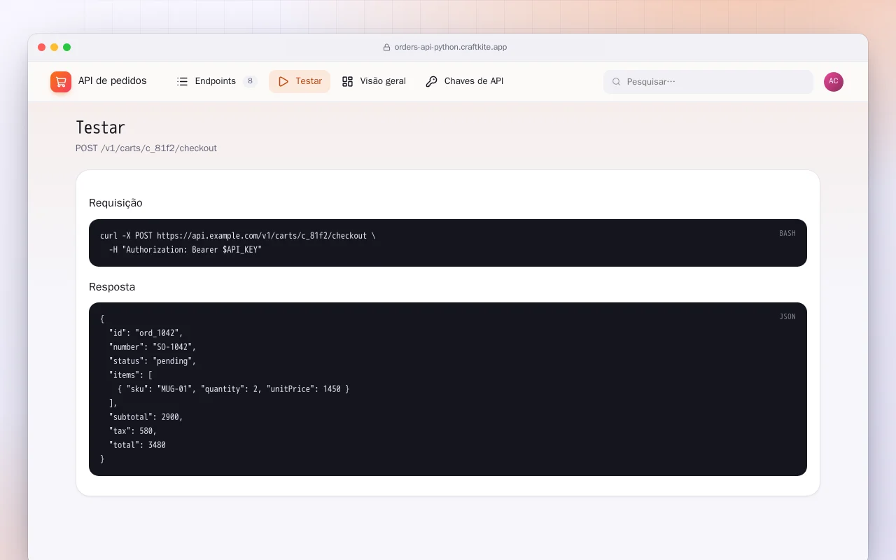 API de pedidos (Python): a tela Testar