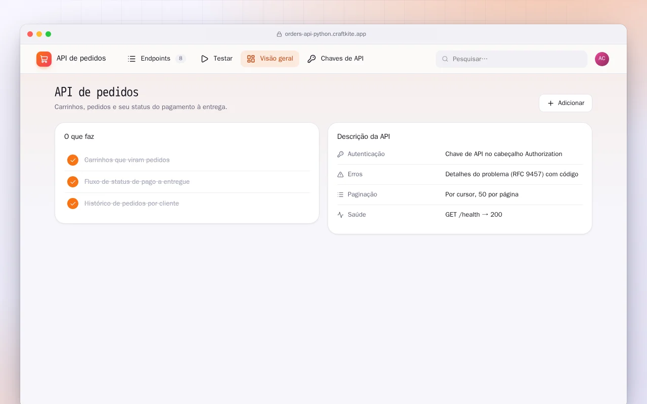 API de pedidos (Python): a tela API de pedidos