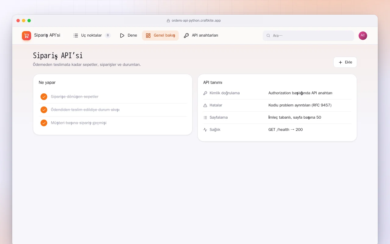 Sipariş API’si (Python): Sipariş API’si ekranı