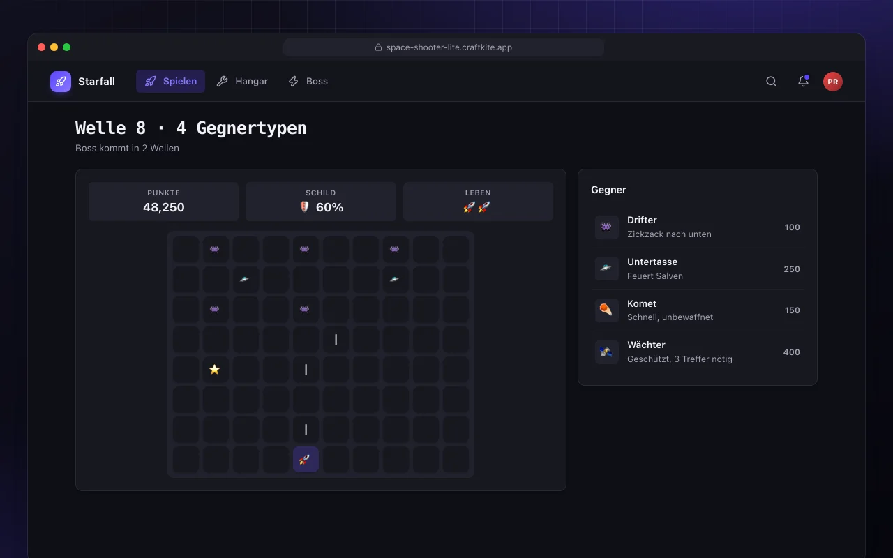 Space Shooter Lite: der Bildschirm „Welle 8 · 4 Gegnertypen“