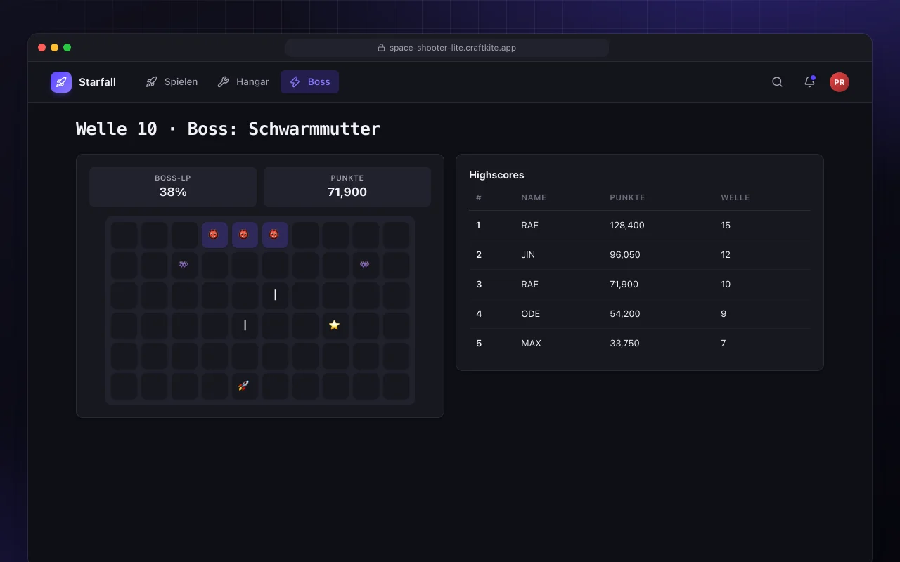 Space Shooter Lite: der Bildschirm „Welle 10 · Boss: Schwarmmutter“