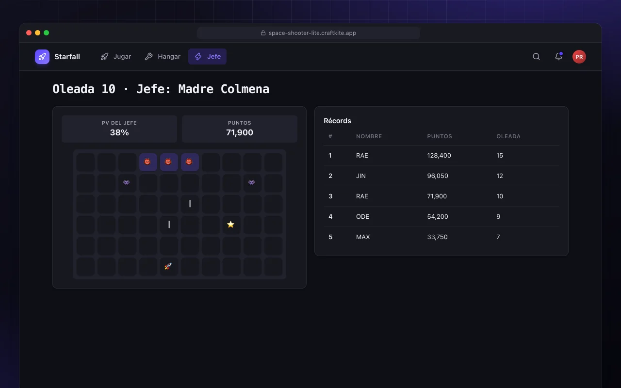 Disparos espaciales lite: la pantalla Oleada 10 · Jefe: Madre Colmena