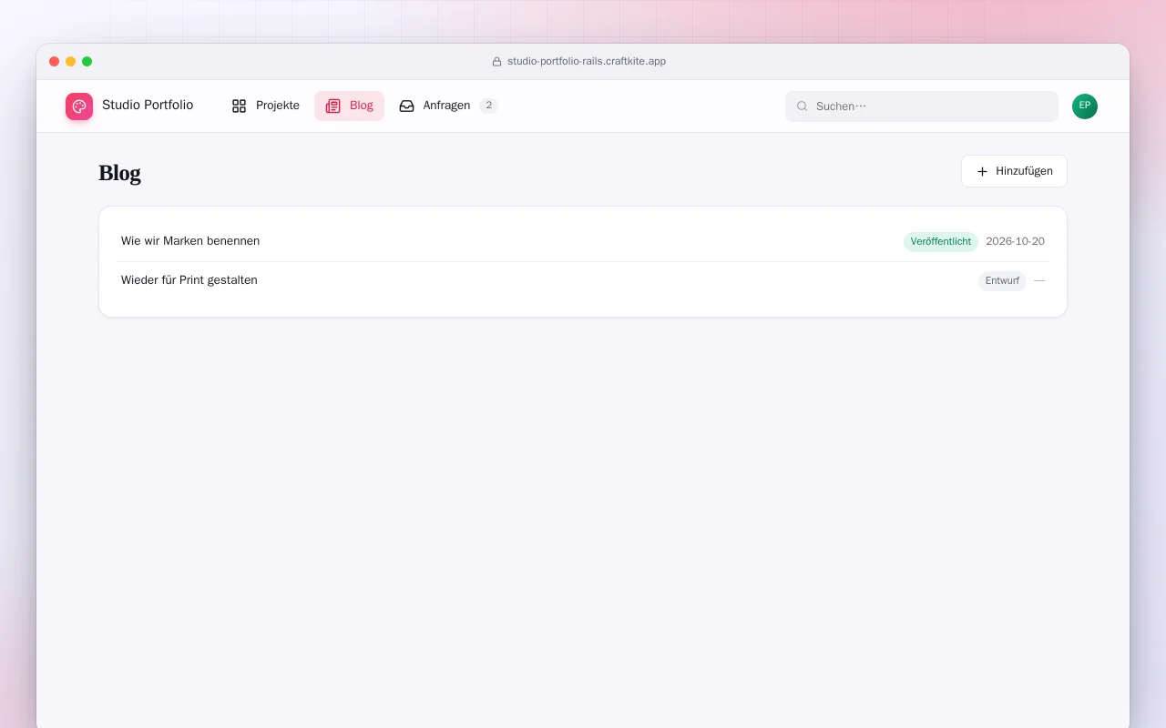 Studio-Portfolio (Rails): der Bildschirm „Blog“