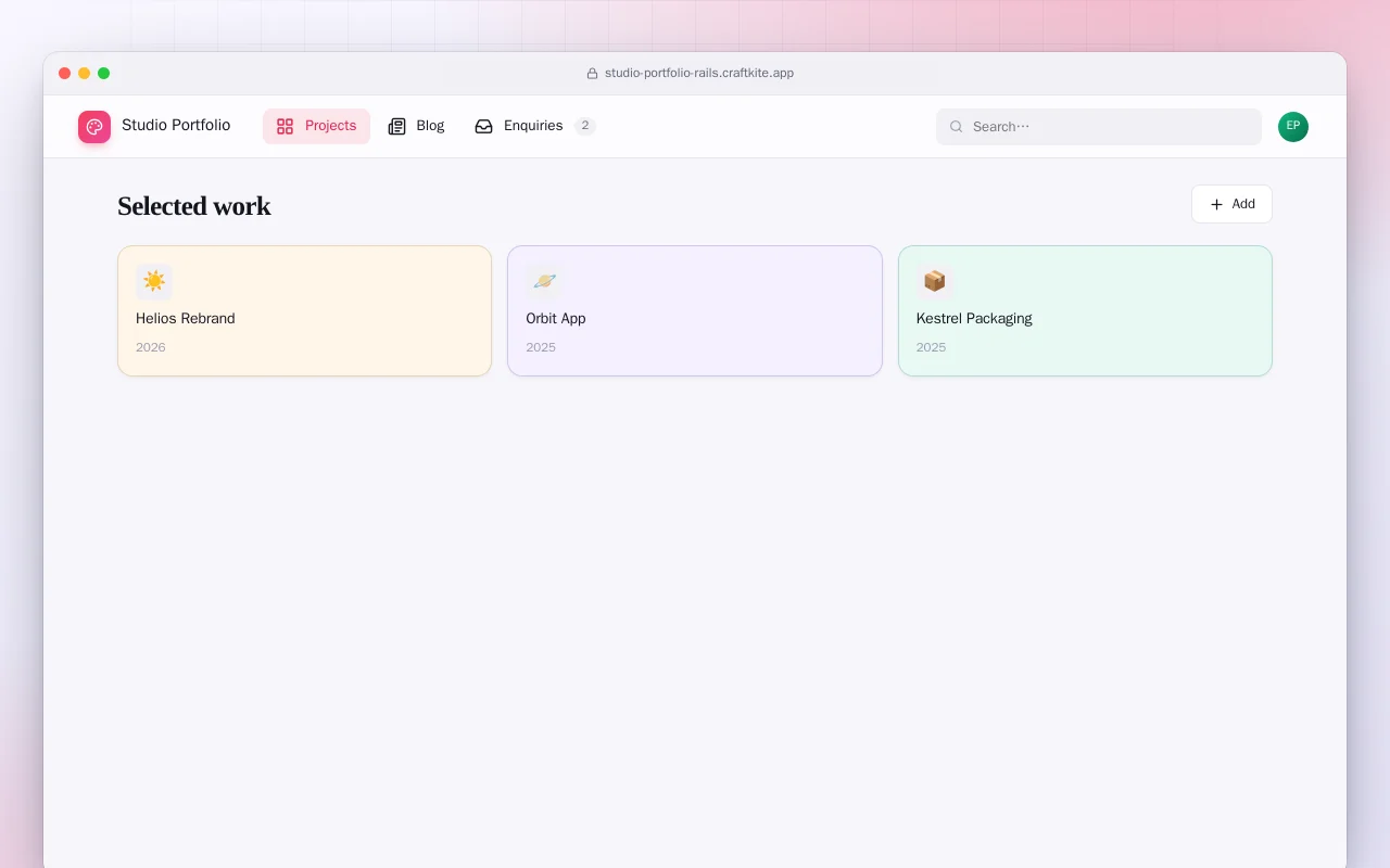 Studio Portfolio (Rails): the Selected work screen