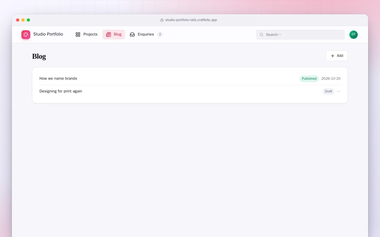 Studio Portfolio (Rails): the Blog screen