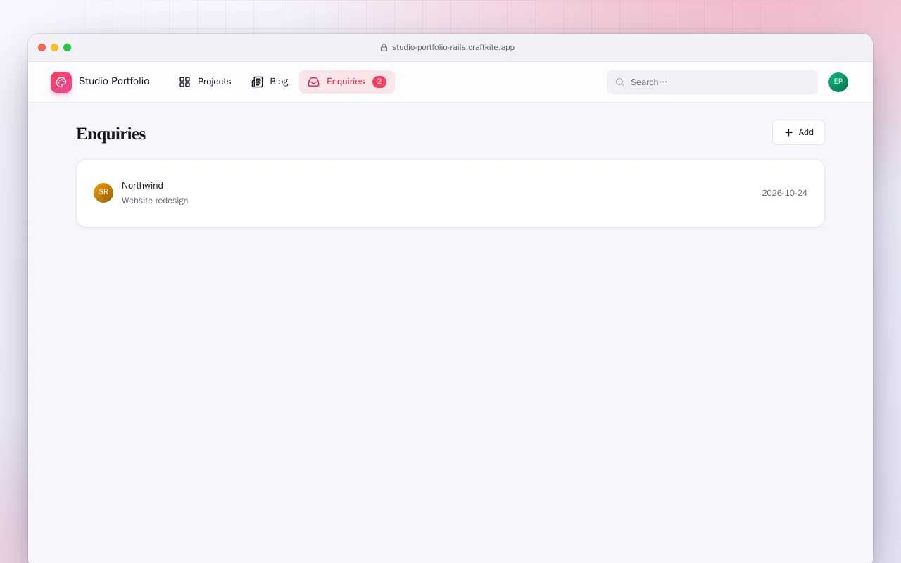 Studio Portfolio (Rails): the Enquiries screen