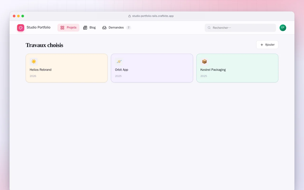 Portfolio de studio (Rails) : l’écran Travaux choisis