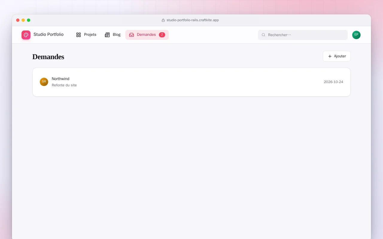 Portfolio de studio (Rails) : l’écran Demandes