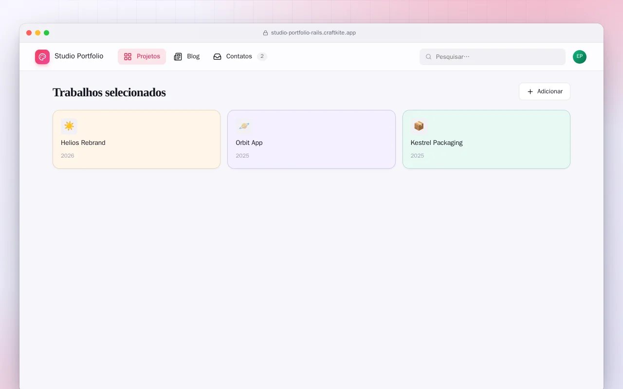 Portfólio de estúdio (Rails): a tela Trabalhos selecionados