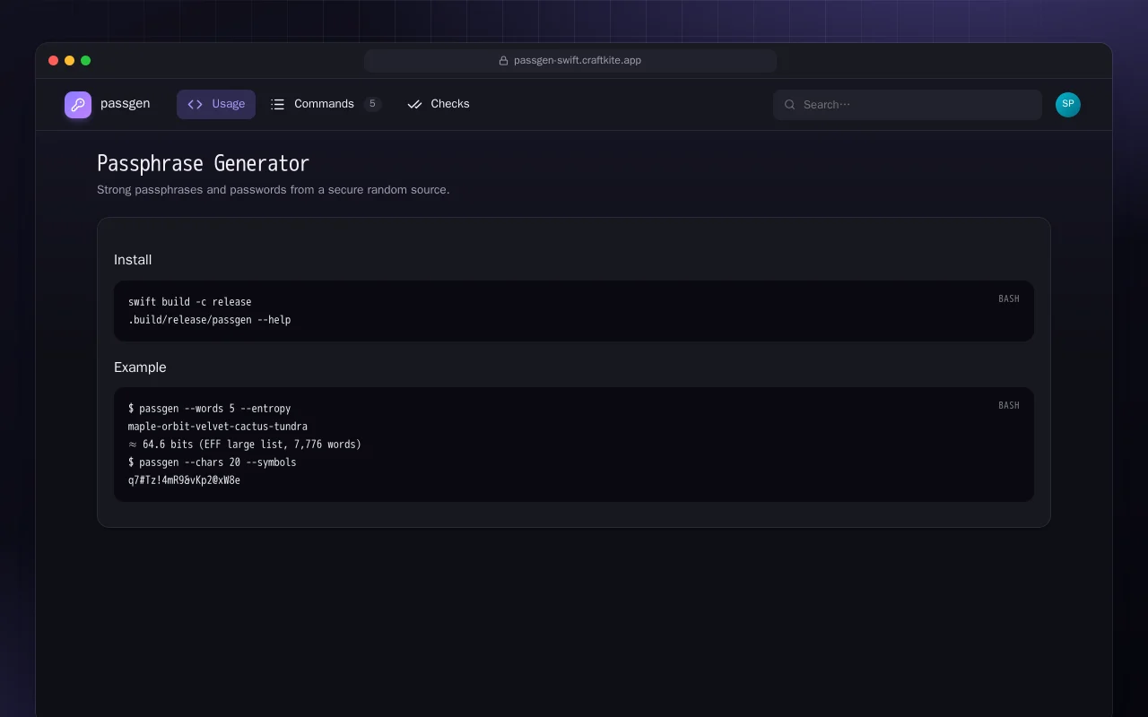 Passphrase Generator (Swift): the Passphrase Generator screen