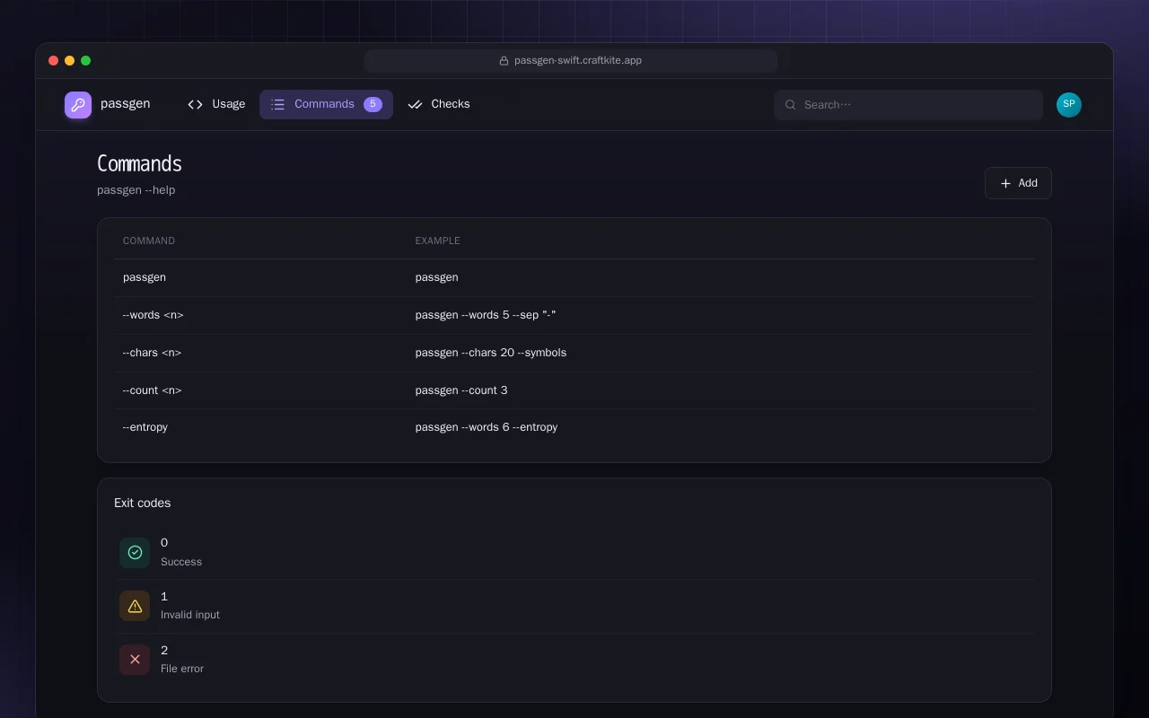 Passphrase Generator (Swift): the Commands screen