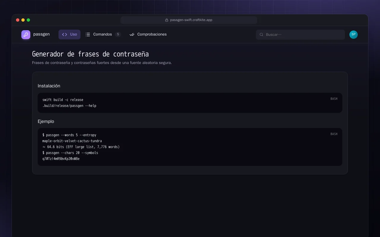 Generador de frases de contraseña (Swift): la pantalla Generador de frases de contraseña
