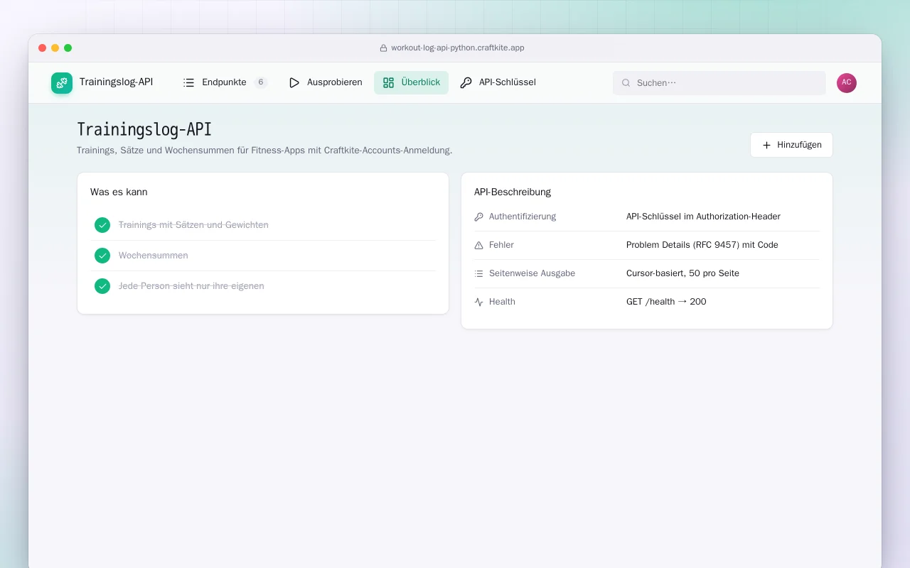 Trainingslog-API (Python): der Bildschirm „Trainingslog-API“